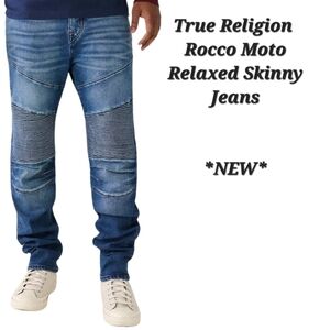 True Religion Rocco Moto Relaxed Skinny Jeans Medium Western Wash Blue 36 x 32